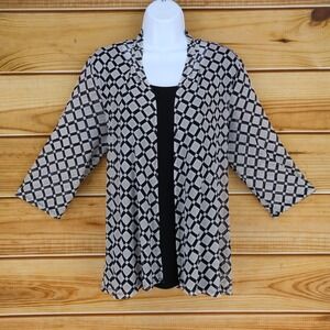 Stitch 3/4 Sleeve Blouse Womens 1X Black Brown Geometric Built-In Tank Stretch